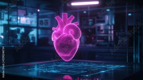 Glowing pink holographic heart is displayed above a futuristic digital interface in a high-tech medical research lab, symbolizing advancements in healthcare, AI, and biomedical innovation.