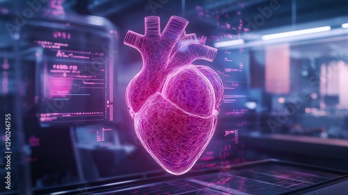 Glowing pink holographic heart projection in a futuristic medical lab, showcasing advancements in AI, digital healthcare, and biomedical research for cardiology and diagnostics.