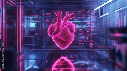 A glowing pink holographic heart is displayed in a high-tech medical lab, showcasing advancements in AI, digital healthcare, and biomedical innovation for cardiology and diagnostics.