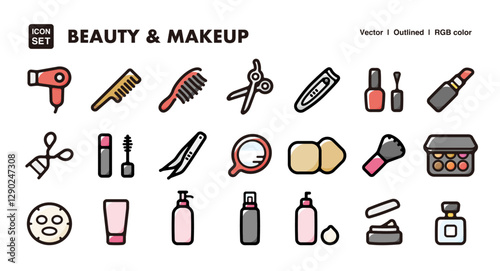 Beauty and makeup illustration icon set.Simple vector outlines, clipart for graphic design.