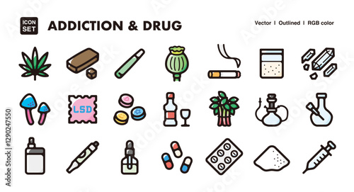 Addiction and drug illustration icon set.Simple vector outlines, clipart for graphic design.