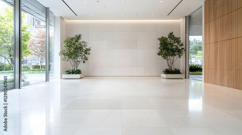 Modern building lobby; plants, empty space, city view Modern building lobby; plants, empty space, city view