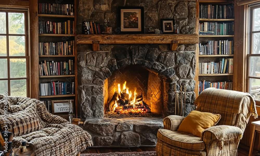 Cozy living room with a stone fireplace, warm flames, and bookshelves in a rustic cabin setting
