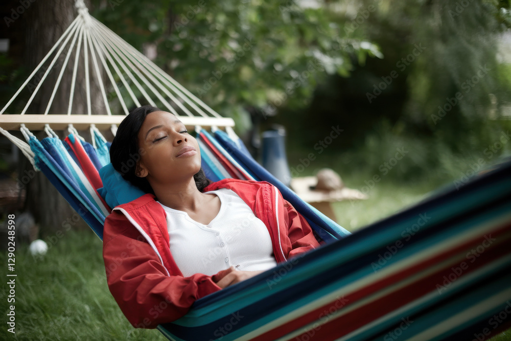 Black woman relaxing in a hammock outdoors in backyard Black woman relaxing in a hammock outdoors in backyard