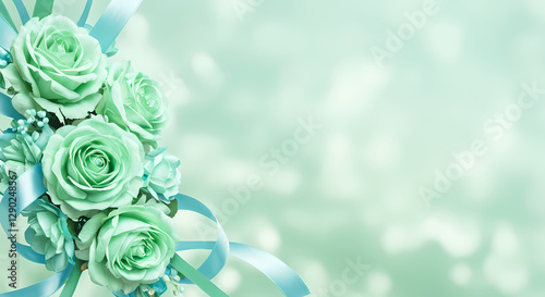 ミントグリーンのバラの花束とリボン photo