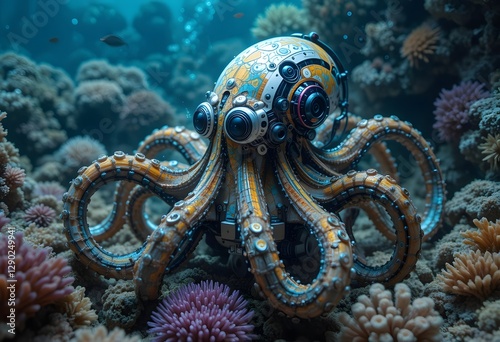 A high-tech octopus-shaped robot adapting its colors and patterns to match a lively underwater coral reef, making it nearly undetectable 