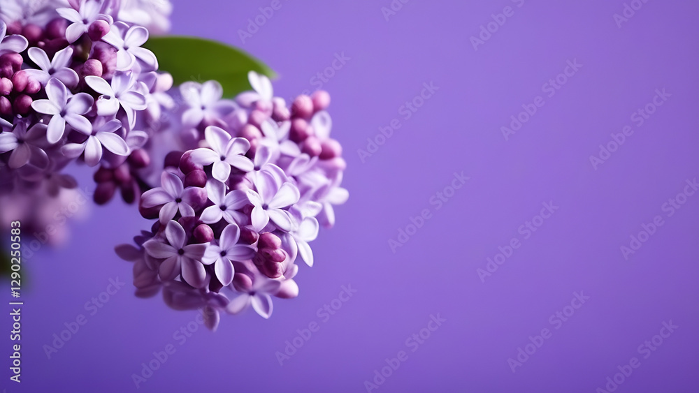 Obraz premium Delicate lilac flowers in full bloom on a soft purple background. Spring themes, floral designs, nature concepts, spa and wellness promotions, wedding decor, and romantic visuals. Copy space.