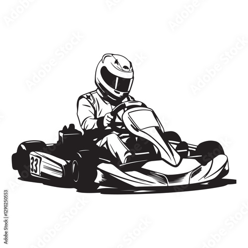 Go kart racing vector isolated. Monochrome go karting driver silhouette illustration