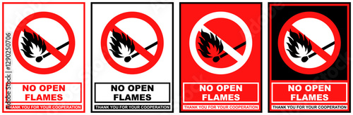 set collections no open flames prohibited. no fire forbidden sign symbol design label template vector illustration