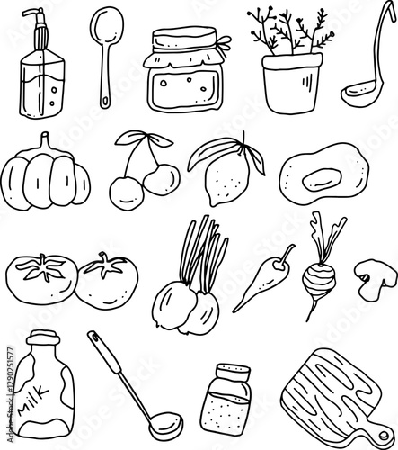 outline Food items, kitchen equipment, condiments.