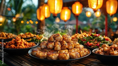 Outdoor Asian BBQ feast under lanterns photo