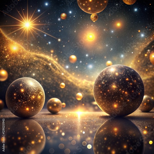 Golden Planets in a Cosmic Landscape, abstract background with stars