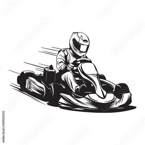 Go kart racing vector isolated. Monochrome go karting driver silhouette illustration