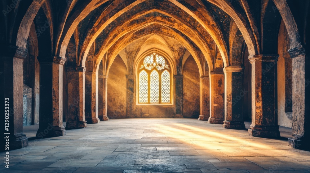 Serene Gothic Architecture Interior with Sunlight and Arched Ceiling Serene Gothic Architecture Interior with Sunlight and Arched Ceiling