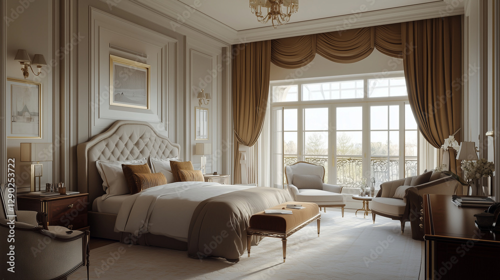 A luxurious bedroom with a large bed, elegant drapes, and ample natural light A luxurious bedroom with a large bed, elegant drapes, and ample natural light