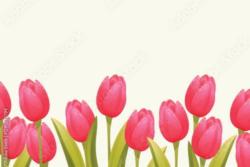 Vector border of tulips flowers.  Pink background, pattern, print for packaging paper, postcards, textiles. Colorful pink tulips with leaves.