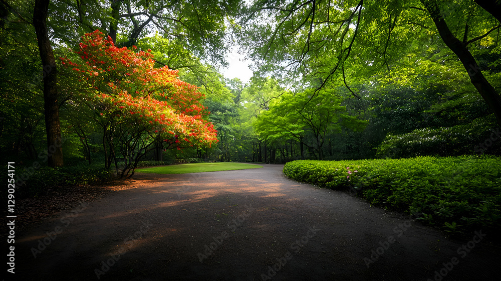 Sunlit Forest Path with Orange Tree and Lush Greenery Sunlit Forest Path with Orange Tree and Lush Greenery