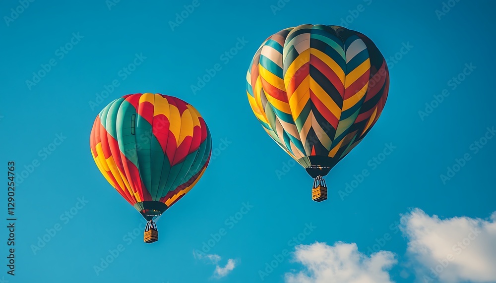 Colorful hot air balloons soar in clear blue sky Colorful hot air balloons soar in clear blue sky