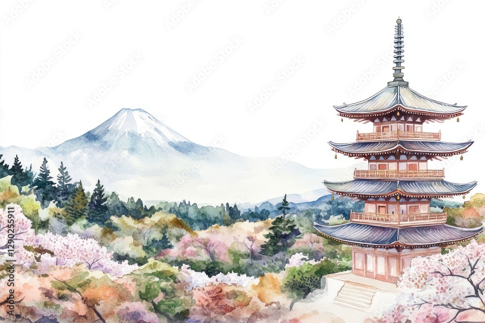 Fototapeta premium Pagoda architecture watercolor blossoms.