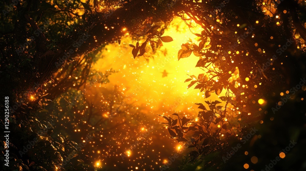 Naklejka premium Magical Forest with Glowing Light and Ethereal Particles at Dusk