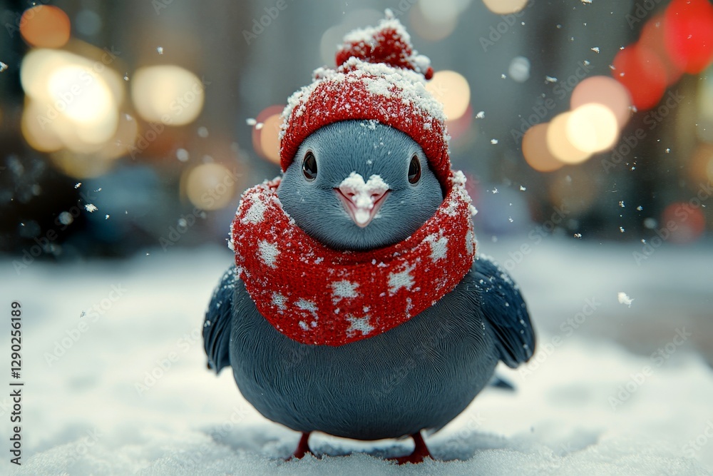 Obraz premium Comical animals. Happy cute baby animal pigeon in winter warm clothes, cold breath from nose and mouth in freezing air. Zoo animal welfare. Wild animal awareness. Winter pet gear. Zoo pet ads.