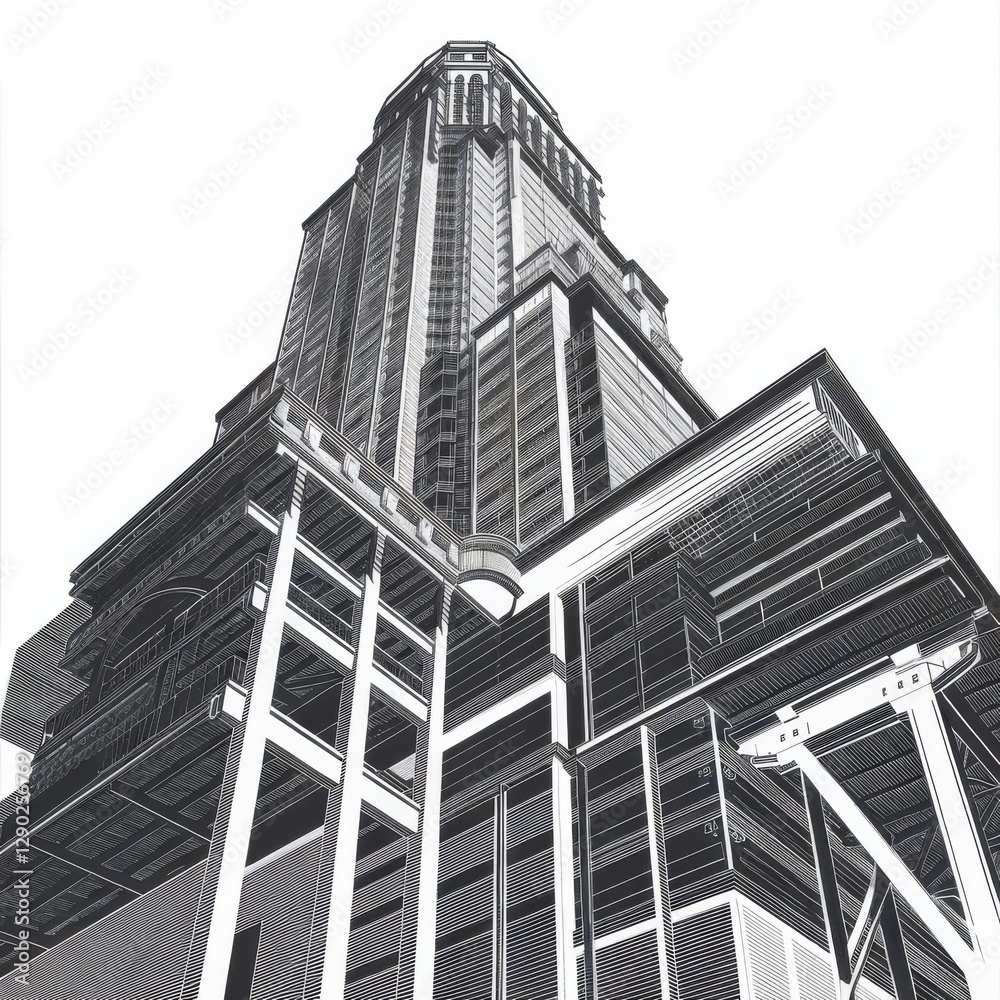 Fototapeta premium Skyscraper Blueprint Intricate Engraving Illustration