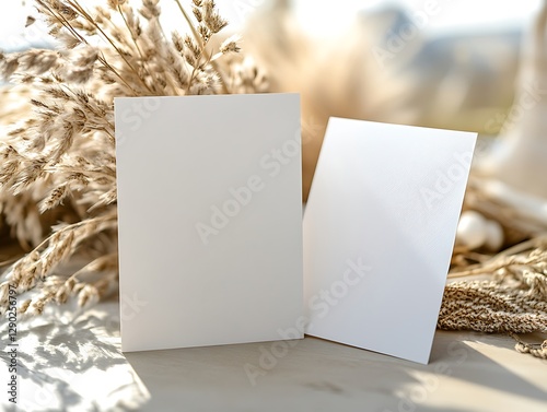 Blank cards on wooden table with pampas grass