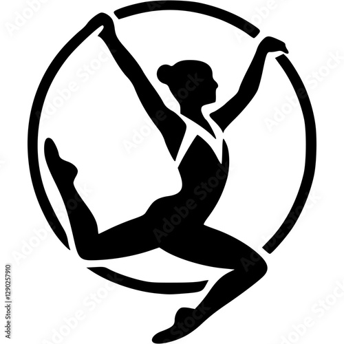 Sport emblem of girl gymnast performs exercises with a gymnastic hoop ring in monochrome. Engraving minimalistic vector in black ink drawing on transparent background