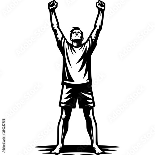 Tattoo emblem of beach soccer player throws his hands up in victory in monochrome. Engraving minimalistic vector in black ink drawing on transparent background