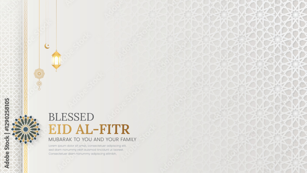 Eid Mubarak Arabic Islamic Elegant White Luxury Ornamental Greeting Card Background with Arabic Pattern