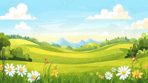 Serene Landscape with Rolling Green Hills and Colorful Flowers