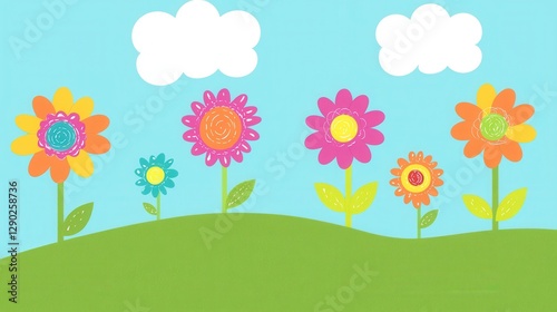 Vibrant Colorful Flower Garden With Blue Sky And Bright Clouds