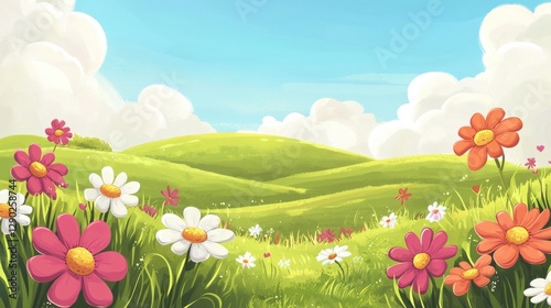 Vibrant Spring Landscape with Colorful Flowers and Blue Sky
