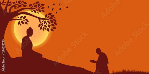 Vesak Day Creative Concept for Card or Banner. Illustration of Buddha silhouette, tree and monk. Buddha Purnima design background template