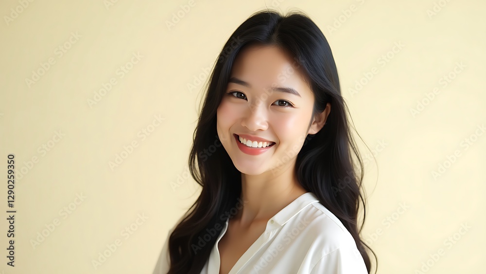 Smiling Asian Woman with Long Black Hair in White Top, Radiating Happiness and Positivity on Light Background Smiling Asian Woman with Long Black Hair in White Top, Radiating Happiness and Positivity on Light Background