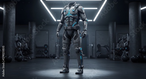 Futuristic Exoskeleton Suit in Dark Gym Setting Ready for Action