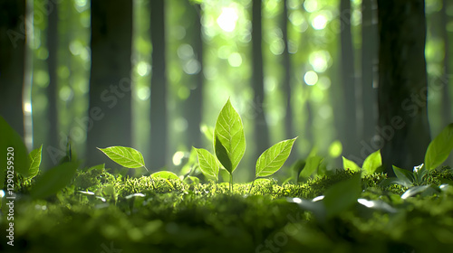 New Life in the Forest: A Young Plant Sprouting in a Sunlit Green Woodland