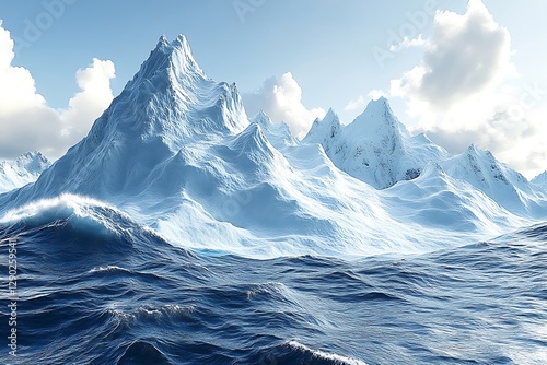 Majestic icy mountains rise above a serene ocean under a bright sky with fluffy clouds