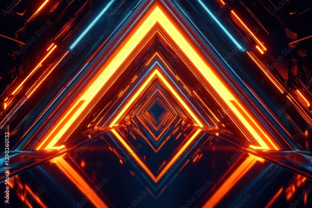 Fototapeta premium Neon Triangular Tunnel with Reflections and Glow