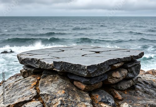 Coastal Rock Formation Against Stormy Waves