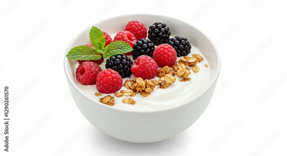 Healthy yogurt parfait with a simple bowl, topped with berries, granola, and mint for a refreshing snack Healthy yogurt parfait with a simple bowl, topped with berries, granola, and mint for a refreshing snack