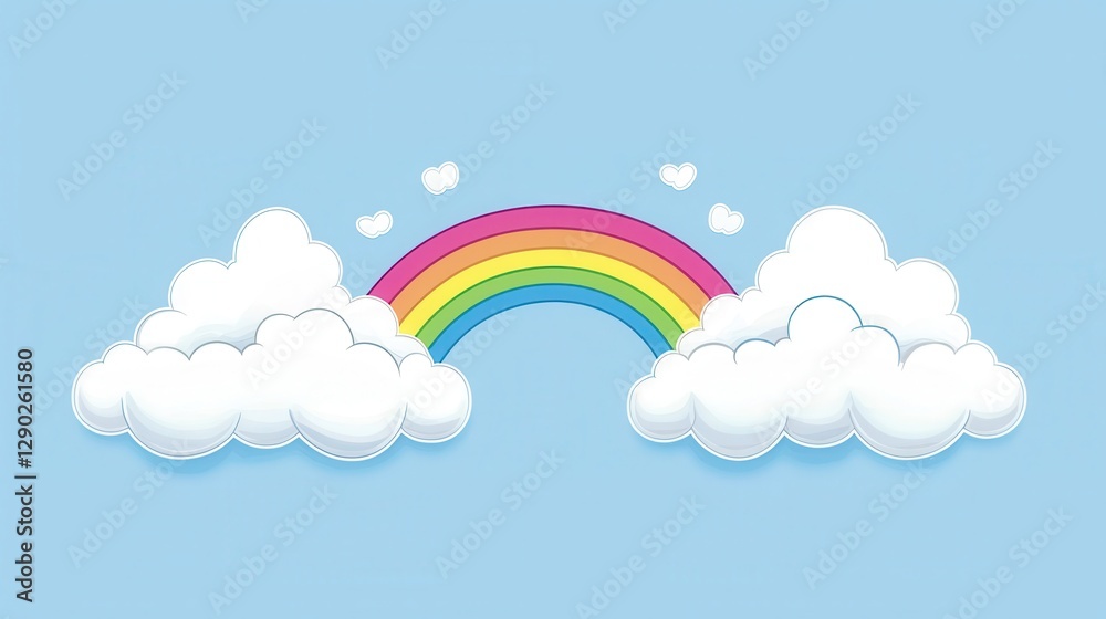 Colorful Rainbow Arching Over Fluffy Clouds in Bright Sky Colorful Rainbow Arching Over Fluffy Clouds in Bright Sky