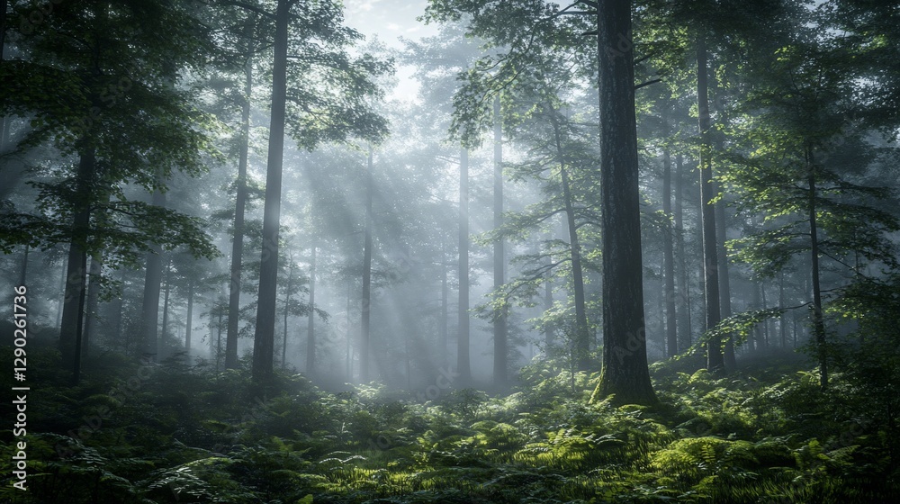 Fototapeta premium Sunbeams pierce misty forest, illuminating ferns and tall trees.