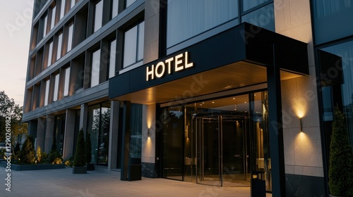 Modern hotel entrance with illuminated sign and elegant glass doors at dusk.