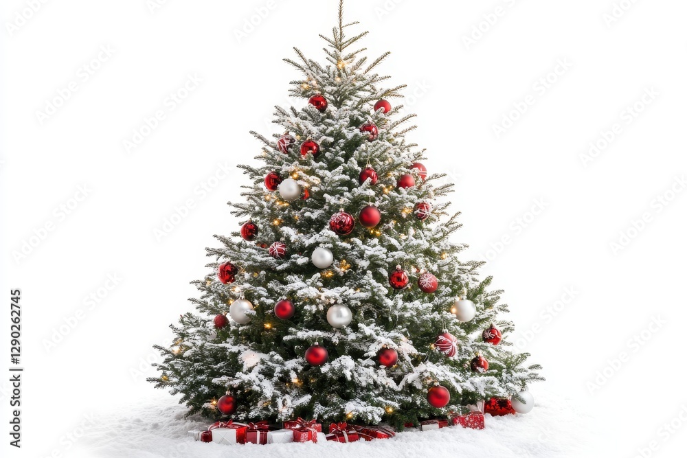 Fototapeta premium Snow-dusted Christmas tree with red & silver ornaments, gifts at base. Perfect for holiday cards, websites, & festive designs.