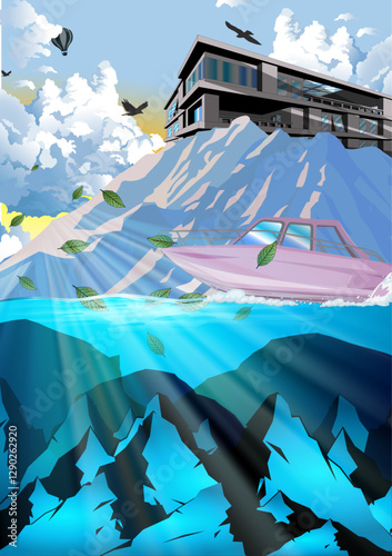 Underwater and Mountain with House Background Landscapes