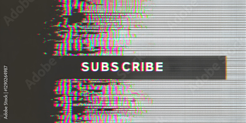 TV screen texture with glitch text SUBSCRIBE. HDTV no signal problems. Bad TV signal on TV screen Noise of motion background lines. Glitch VHS concept. Glitch camera effect. Video rewind texture