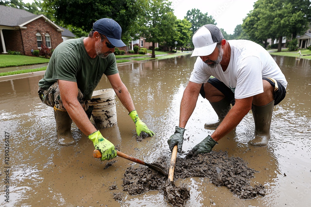 Community Emphasis cooperation concept. Two men work together in muddy water, clearing debris after flooding in a residential area.