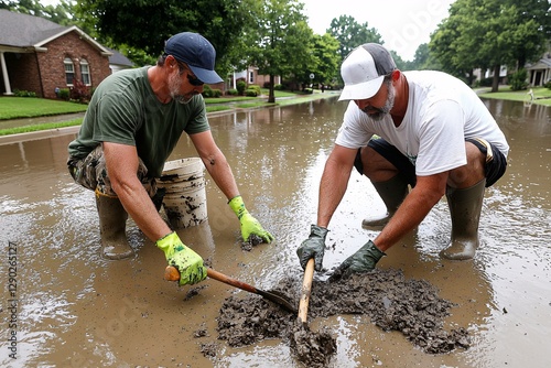 Community Emphasis cooperation concept. Two men work together in muddy water, clearing debris after flooding in a residential area.