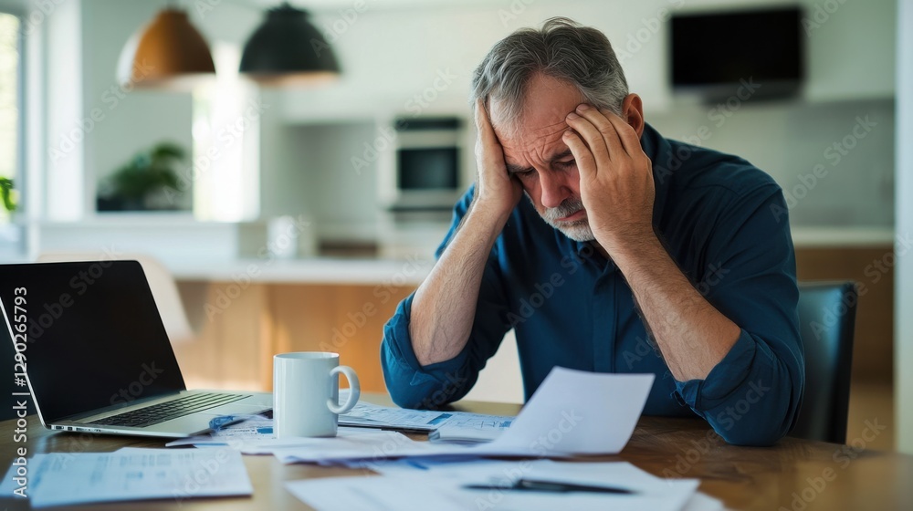 Retirement financial stress in a minimalist home office. Featuring doubt and reflection Retirement financial stress in a minimalist home office. Featuring doubt and reflection